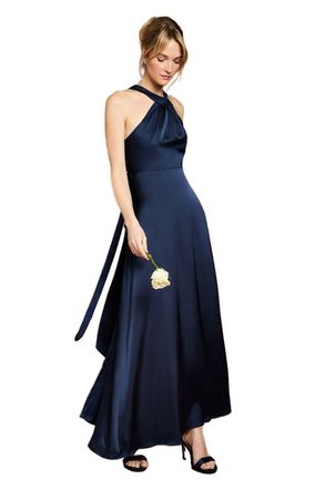 Coast Honoured Petite Twist Halterneck Satin Maxi Bridesmaid Dress, 12, Navy