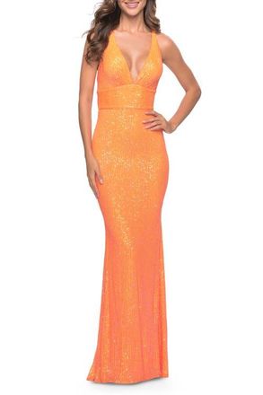 La Femme Sequin Stretch Long Prom Dress with Banded Waist in Neon in Orange at Nordstrom, Size 4