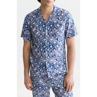 Scotch & Soda Tile Print Camp Shirt in Tiles Flower Blue at Nordstrom, Size Xx-Large