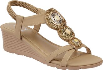 Jo & Joe Ladies Mid Heel Wedge Comfort Sandal with Glitzy Jewels and Elasticated Slingback Strap, Flexible sole sizes 4-8 (Beige, UK Footwear Size System, Adul