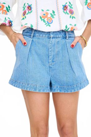 English Factory Pleated High Waist Denim Shorts In Blue