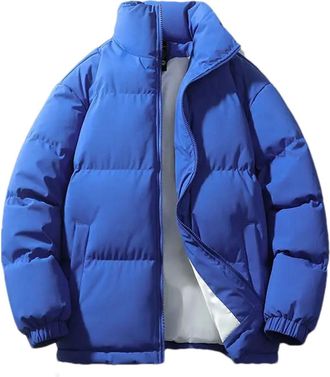 Generic Men Solid Color Stand Collar Pockets Cotton-Padded Classic Thicken Oversized Zipper Parka Coat Blue XL