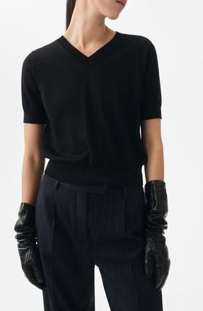 Mango Selection V-Neck Short Sleeve Wool Sweater in Black at Nordstrom Rack, Size Medium