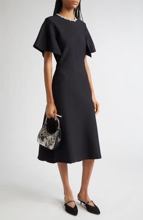 Alexander McQueen Crystal Embellished Split Sleeve Midi Dress in Black/Crystal at Nordstrom, Size X-Small