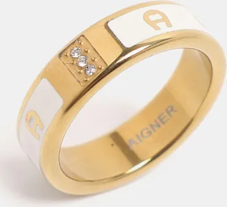 Aigner Cream/gold Tone Metal And Enamel Band Ring