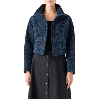 Akris Tweed Crop Jacket in Medium Blue Denim-Black at Nordstrom, Size 12