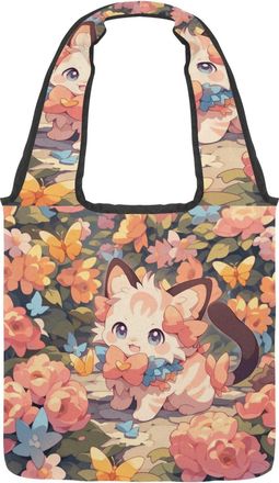 Generic Colorful Cartoon Kitten Reversible Canvas Shoulder Tote - Double-Sided Print, 12oz Cotton, 27cm Drop, Fold-Flat Bag for Travel, Shopping, Street Outin