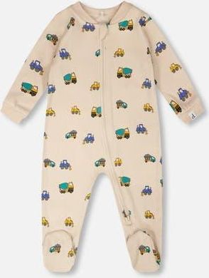Deux par Deux Organic Cotton One-Piece Truck Print Pyjama in Beige Printed Trucks at Nordstrom, Size 12M