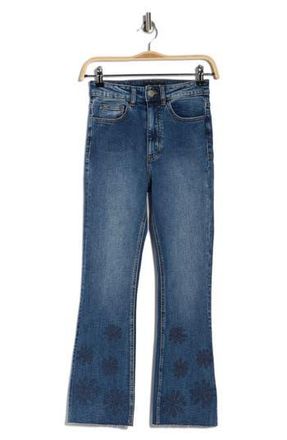 Desigual Floral Embroidered Raw Hem Crop Flare Leg Jeans in Medium Blue at Nordstrom Rack, Size 42