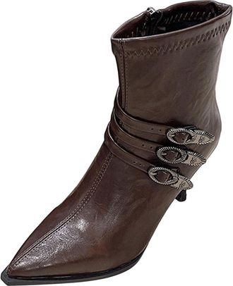 Generic Brown Women Stylish Winter Ankle Boots Featuring Pointed Toe and Side Zipper Design High Heel for Wear