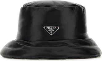 Prada Womens Nappa Leather Padded Bucket Hat Black Lambskin