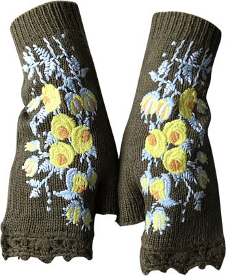 Generic 2023 Hand Embroidered Gloves Womens Knitted Gloves Flower Gloves Winter Warm Gloves Hand Woven Fingerless Embroidered Gloves Best Sex Toy For, Green, 