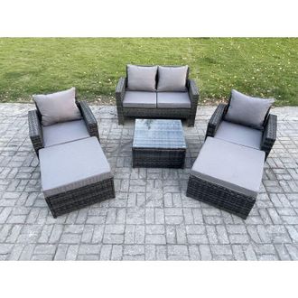 Fimous 6 Seater Rattan Outdoor Garden Furniture Sofa Set Table & Chairs with 2 Big Footstool Dark Grey Mixed - Fimous