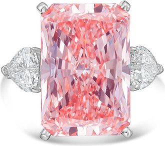 Diana M. Jewels Platinum Lab grown 20ct Fancy pink radiant diamond ring with heart diamonds on the side and micropave band