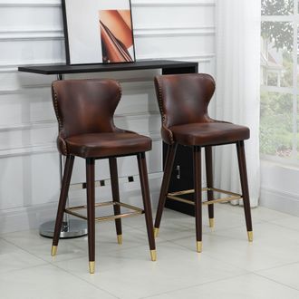 HOMCOM Bar Stools Set of 2, Dining Stools with Backrest, Footrest in Brown