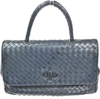 Bottega Veneta Intrecciato Handbag Leather Navy Leather Handbag (Pre-Owned)