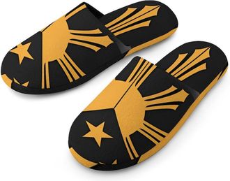 Generic Tribal Philippines Filipino U.S. Flag Flannel Mens Slip-on Slippers Winter Warm House Shoes with Rubber Sole for Home Hotel
