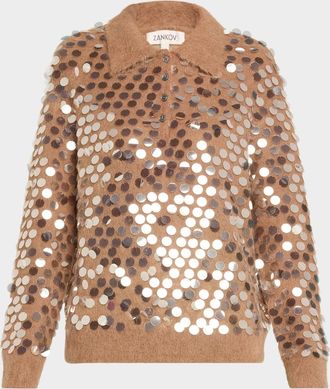 Zankov Adora Paillette Mohair-Wool Polo Sweater