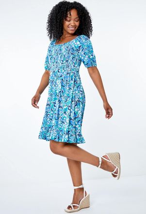 Roman Floral Print Shirred Tea Dress