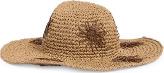 Steve Madden Floral Embroidered Straw Floppy Hat in Tan at Nordstrom Rack
