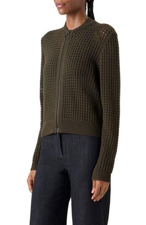 Akris Chunky Open Stitch Zip Cardigan in Olive at Nordstrom, Size 14