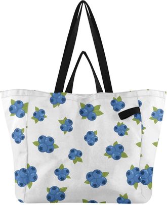 Generic Berries Leaves White pattern Reusable Canvas Tote Bag, Heavy Duty Grocery Shopping Bag with Hard Bottom Double Handles Large Capacity Work Groceries T