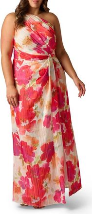 Adrianna Papell One-Shoulder Satin & Chiffon Evening Gown in Ivory/Pink Multi at Nordstrom, Size 18W