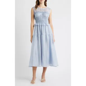 Moon River Semi Sheer Yoke Gathered Peplum Midi Dress in Dusty Blue at Nordstrom Rack, Size X-Large