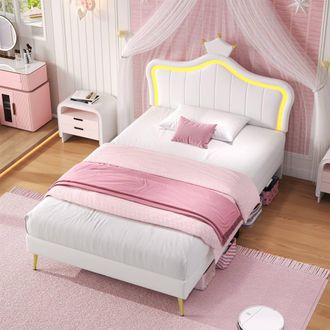 Merax PU Leather 3ft Single Crown Shaped Childrens Bed Frame with LED in White