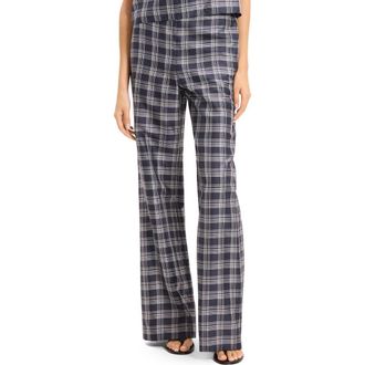 Theory Fluid Plaid High Waist Straight Leg Silk Pants in Navy Multi at Nordstrom, Size X-Large