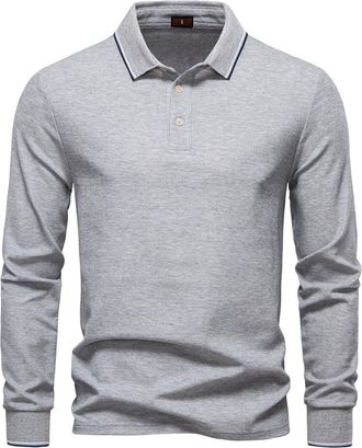 Generic Classic Casual Mens Polo Shirt Long Sleeve Knit Fabric Button Down Collar Trendy Business Top for Work Golf and Office Settings Comfortable Wear,XL Gr