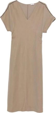 Brunello Cucinelli V-hals gerimpelde midi jurk - Dames - Casual kleedjes - Beige - M - Linnen - Kleedjes