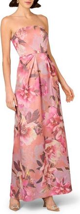 Aidan Mattox Print Metallic Jacquard Strapless Gown in Apricot Multi at Nordstrom, Size 10