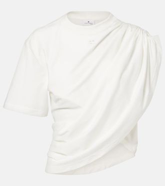 Courr&egrave;ges Ruched asymmetric cotton jersey T-shirt