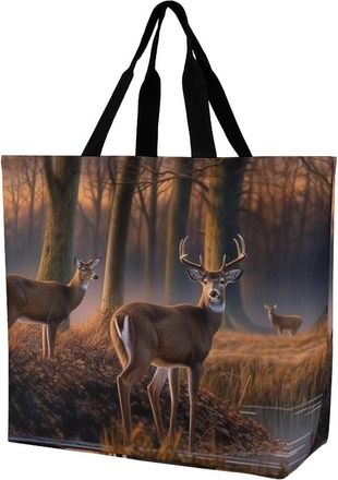 Generic YHNNH Fashionable Reusable Womens Shoulder Tote Bag Nature Wild Animal Deers Printed with Unique Heat Transfer Print, Eco-Friendly Durable Polyester f
