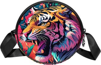 Generic Circle Crossbody Bag for Women, Tiger Flower Small Sling Bag Daypack with Zipper Adjustable Shoulder Straps Casual Ladies Girls Round Purse