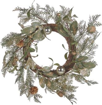 Beliani Corona Verde Dorado 45 Cm Sint&eacute;tico Ramas Pi&ntilde;as Bolas Nieve Navidad Hovila