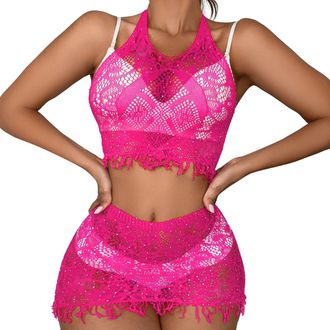 Generic Women Sexy See Through Lace Floral Lingerie Set Tassel Fishnet Matching Clubwear Lady Bodystocking Dress Top Underwear Negligee 3X Naughty For Stockin