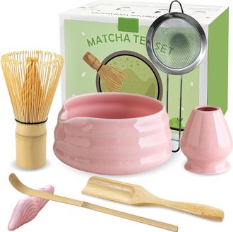 OEM Kit De 5 Piezas Para Preparar Matcha: Batidor De Bamb&uacute;, Cuenco Con Boquilla, Regalo Para La Ceremonia Del Matcha, Color Rosa