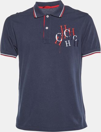 Carolina Herrera Navy Blue Logo Embroidered Cotton Polo T-Shirt