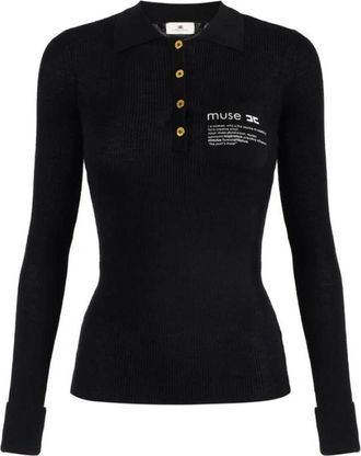 Elisabetta Franchi Gebreide poloshirt met letterdetail - Dames - Ronde hals truien - Zwart - L - Wol - Truien & Vesten