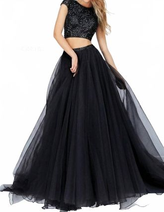 Sherri Hill Beaded Two Piece A-Line Organza Gown In Black