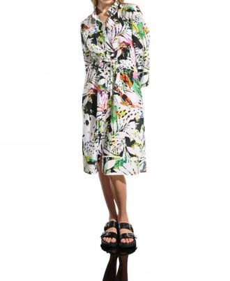 Joseph Ribkoff Crinkled Woven Tropical Print Dress In Black Multi