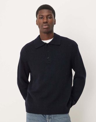 Arket Maglione testurizzato in pura lana con colletto stile polo blu navy