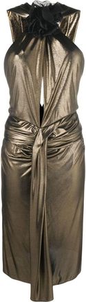 Saint Laurent floral-detail laminated-finish dress - women - Viscose - 38 - Gold