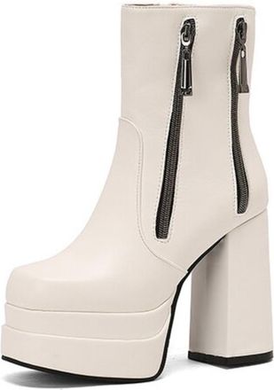 Generic Womens Platform Block Heel Ankle Boots Faux Leather Bold Color Double Zipper Sleek Style Slip On Comfortable Durable For Daily Casual,White,6.5 UK