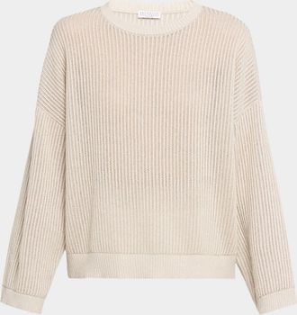 Brunello Cucinelli Metallic Openwork Cotton Rib Crewneck Sweater