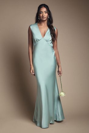 Oasis Womens Sage Satin Open Back Detail Maxi Bridesmaid Dress - Green - Size 18 UK