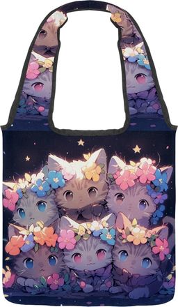 Generic Colorful Cartoon Kitten Reversible Canvas Shoulder Tote - Double-Sided Print, 12oz Cotton, 27cm Drop, Fold-Flat Bag for Travel, Shopping, Street Outin