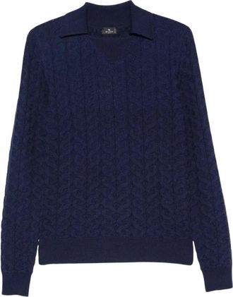 Etro Pullover met polokraag van kabelssteek - Dames - Ronde hals truien - Blauw - L - Wol - Truien & Vesten